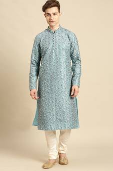 Embroidered Designer Art Silk Maya Blue Color Kurta Set