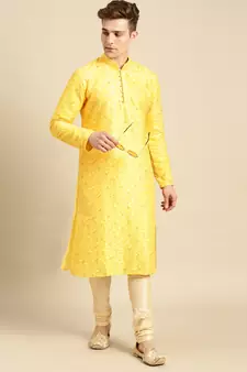Embroidered Designer Art Silk Sunflower Color Kurta Set.