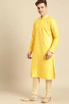Embroidered Designer Art Silk Sunflower Color Kurta Set.