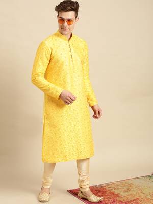 Embroidered Designer Art Silk Sunflower Color Kurta Set. 3