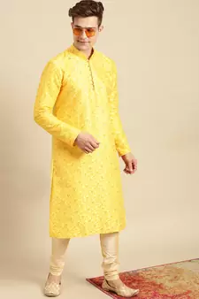 Embroidered Designer Art Silk Sunflower Color Kurta Set.