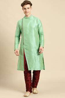 Solid Designer Art Silk Green Color Kurta Set