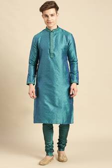 Woven Designer Jacquard Firozi Color Kurta Set