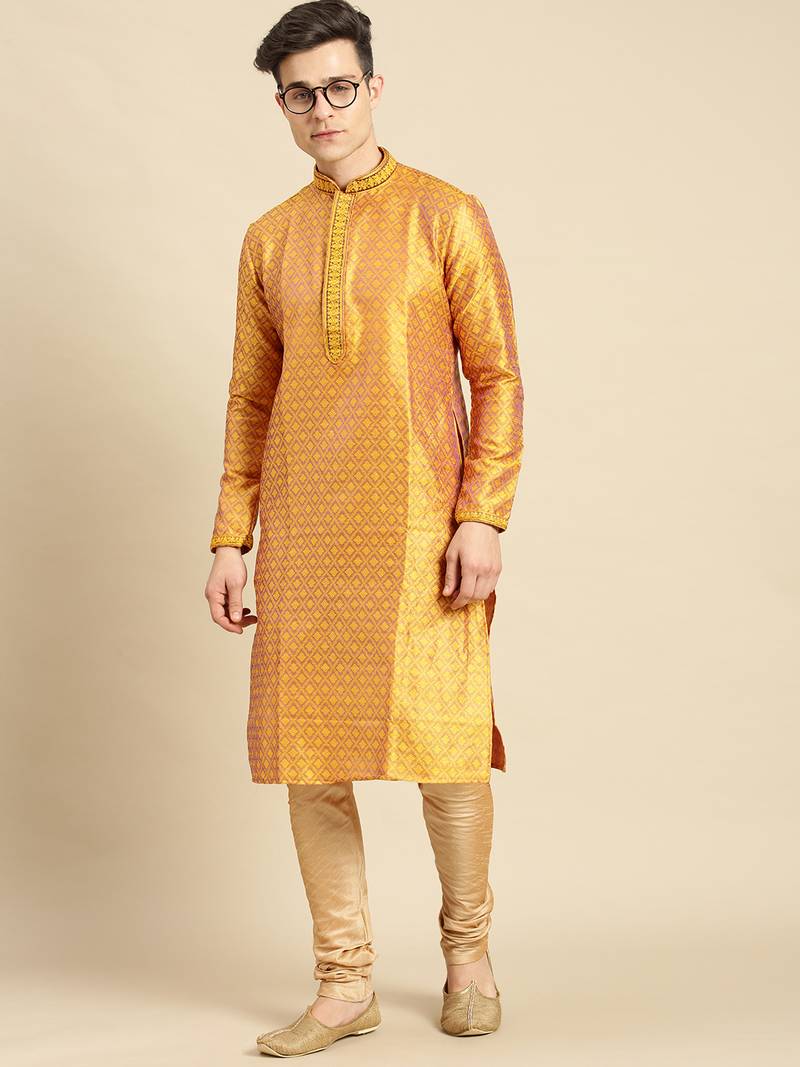 Woven Designer Jacquard Gold Color Kurta Set