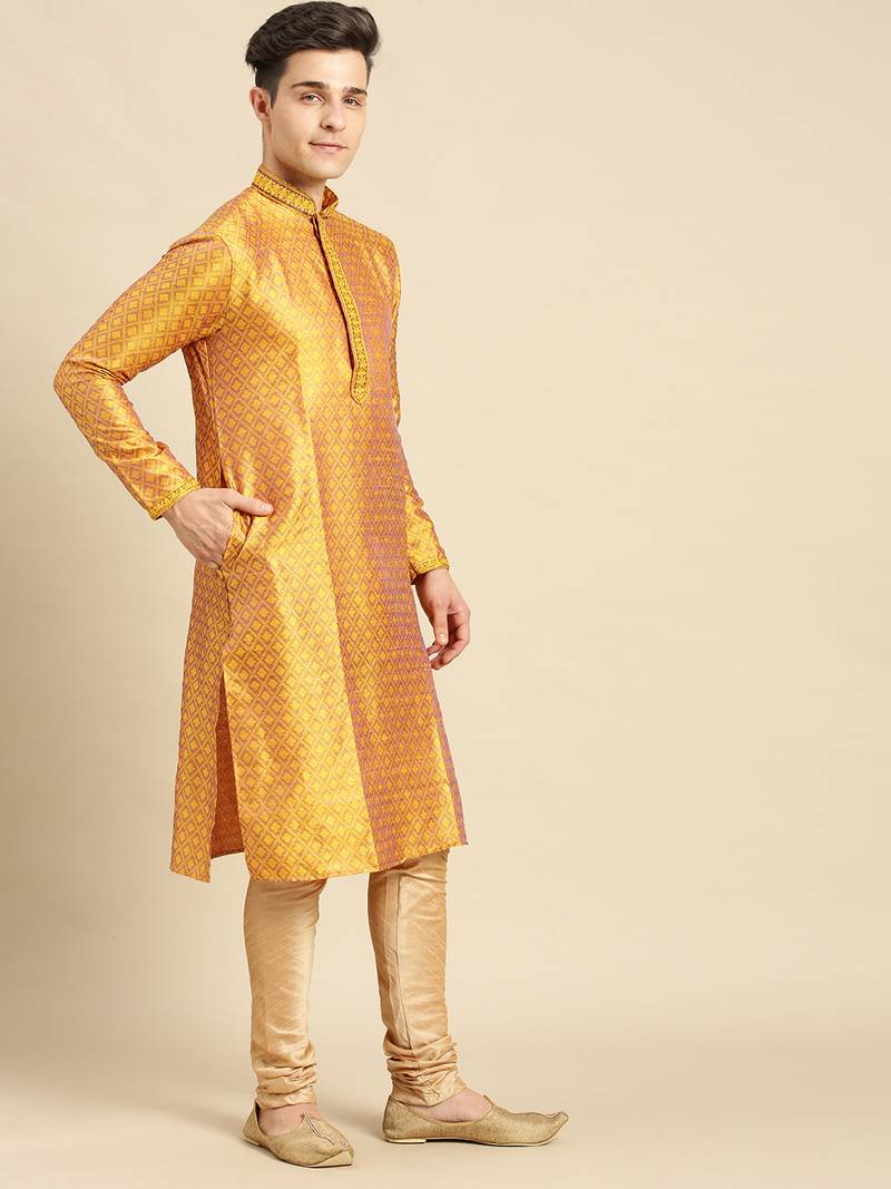Woven Designer Jacquard Gold Color Kurta Set