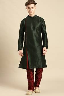 Solid Designer Art Silk Fourleaf Green Color Kurta Set