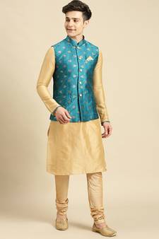 Printed Designer Jacquard Firozi Color Jacket Set