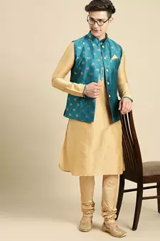 Printed Designer Jacquard Firozi Color Jacket Set