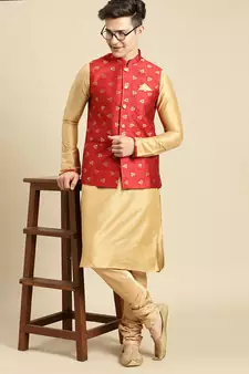 Printed Designer Jacquard Red Color Jacket Set