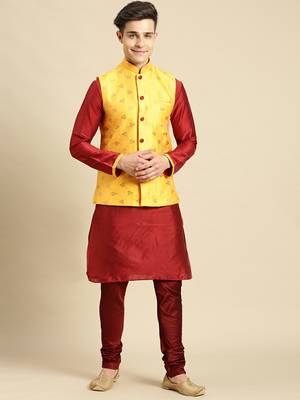 Printed Designer Jacquard Yellow & Maroon Color Jacket Set 1