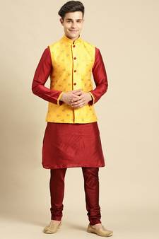 Printed Designer Jacquard Yellow & Maroon Color Jacket Set