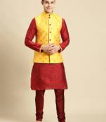 Printed Designer Jacquard Yellow & Maroon Color Jacket Set