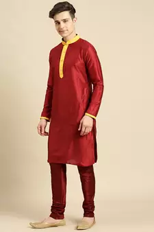 Printed Designer Jacquard Yellow & Maroon Color Jacket Set