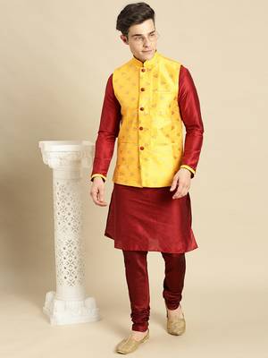 Printed Designer Jacquard Yellow & Maroon Color Jacket Set 3
