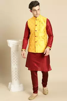 Printed Designer Jacquard Yellow & Maroon Color Jacket Set
