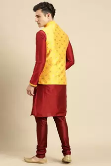 Printed Designer Jacquard Yellow & Maroon Color Jacket Set