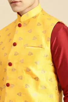 Printed Designer Jacquard Yellow & Maroon Color Jacket Set