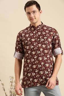 Sanwara Men Printed Cotton Rolled Up Sleeves Short Kurta PR_2