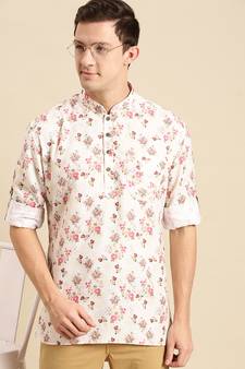 Sanwara Men Printed Cotton Rolled Up Sleeves Short Kurta PR_3