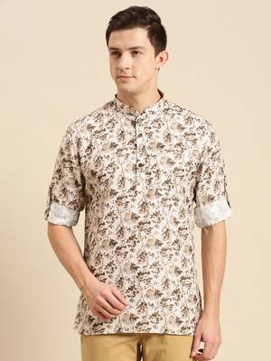 Sanwara Men Printed Cotton Rolled Up Sleeves Short Kurta PR_4 1