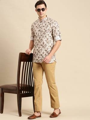 Sanwara Men Printed Cotton Rolled Up Sleeves Short Kurta PR_4 4
