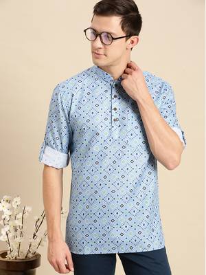 Sanwara Men Printed Cotton Rolled Up Sleeves Short Kurta PR_5 1