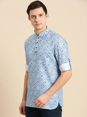 Sanwara Men Printed Cotton Rolled Up Sleeves Short Kurta PR_5 2