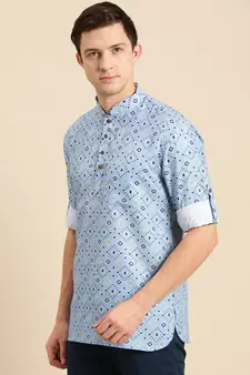 Sanwara Men Printed Cotton Rolled Up Sleeves Short Kurta PR_5