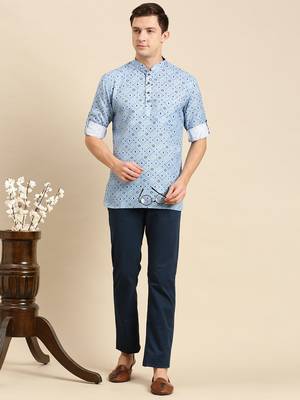 Sanwara Men Printed Cotton Rolled Up Sleeves Short Kurta PR_5 4