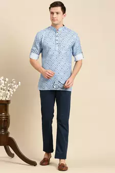 Sanwara Men Printed Cotton Rolled Up Sleeves Short Kurta PR_5