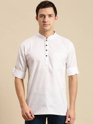Sanwara Men Printed Cotton Rolled Up Sleeves Short Kurta PR_7 1