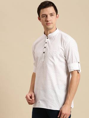 Sanwara Men Printed Cotton Rolled Up Sleeves Short Kurta PR_7 2