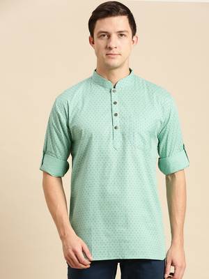 Sanwara Men Printed Cotton Rolled Up Sleeves Short Kurta PR_8 1