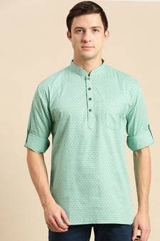 Sanwara Men Printed Cotton Rolled Up Sleeves Short Kurta PR_8