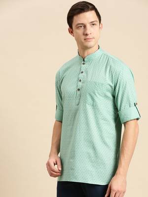 Sanwara Men Printed Cotton Rolled Up Sleeves Short Kurta PR_8 2