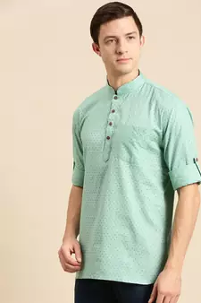 Sanwara Men Printed Cotton Rolled Up Sleeves Short Kurta PR_8