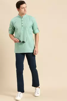 Sanwara Men Printed Cotton Rolled Up Sleeves Short Kurta PR_8