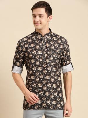 Sanwara Men Printed Cotton Rolled Up Sleeves Short Kurta PR_9 1
