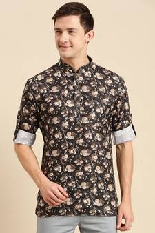 Sanwara Men Printed Cotton Rolled Up Sleeves Short Kurta PR_9