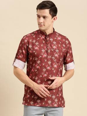 Sanwara Men Printed Cotton Rolled Up Sleeves Short Kurta PR_11 1