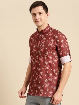 Sanwara Men Printed Cotton Rolled Up Sleeves Short Kurta PR_11 2