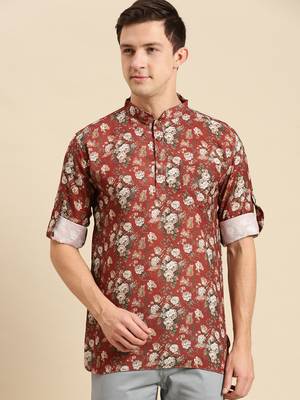 Sanwara Men Printed Cotton Rolled Up Sleeves Short Kurta PR_12 1