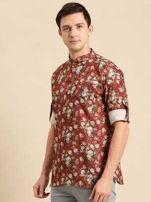 Sanwara Men Printed Cotton Rolled Up Sleeves Short Kurta PR_12 2
