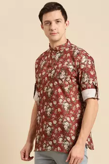 Sanwara Men Printed Cotton Rolled Up Sleeves Short Kurta PR_12