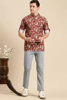 Sanwara Men Printed Cotton Rolled Up Sleeves Short Kurta PR_12