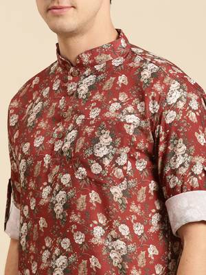 Sanwara Men Printed Cotton Rolled Up Sleeves Short Kurta PR_12 5