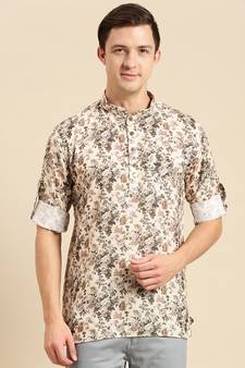 Sanwara Men Printed Cotton Rolled Up Sleeves Short Kurta PR_13