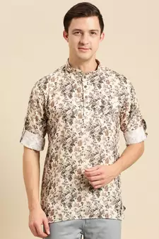Sanwara Men Printed Cotton Rolled Up Sleeves Short Kurta PR_13