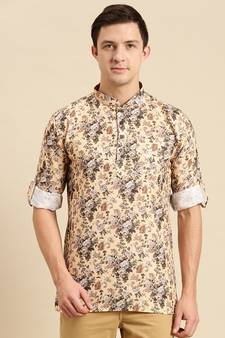 Sanwara Men Printed Cotton Rolled Up Sleeves Short Kurta PR_14