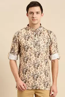 Sanwara Men Printed Cotton Rolled Up Sleeves Short Kurta PR_14